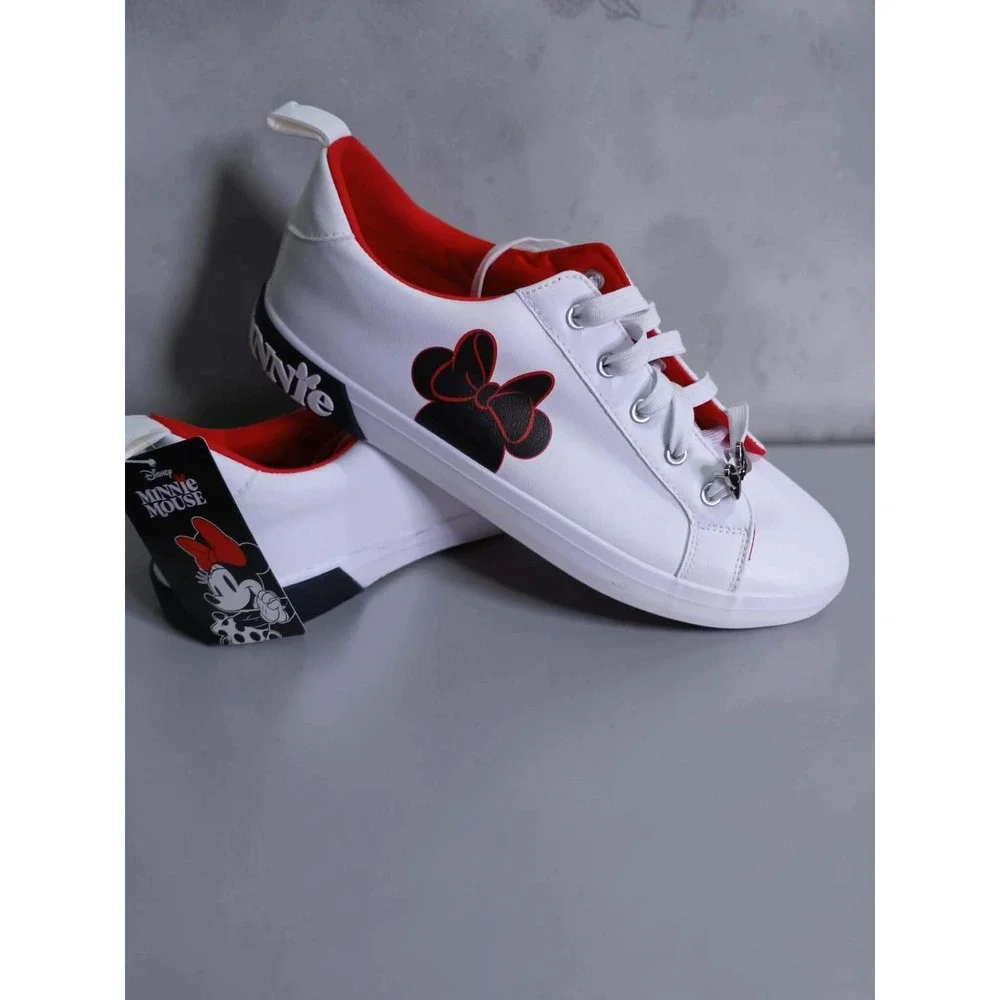 Disney Minnie Mouse Womens White Red Low Top Sneakers Bow Charm Size 11 NEW